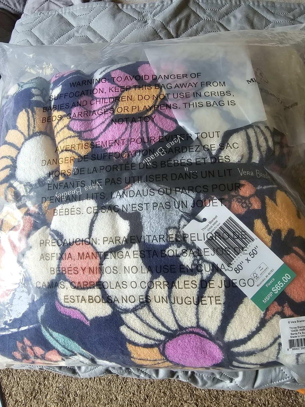 Vera Bradley Navy Floral Plush Throw with Pink and Yellow Blooms